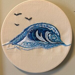 Artistic Blue and White Embroidered Canvas